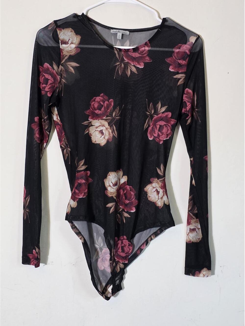 Charlotte Russe black long sleeve mesh bodysuit with a red floral print sz M